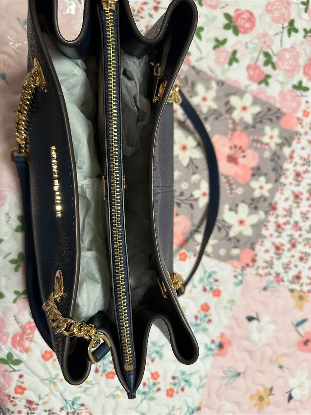 Michael Kors Navy Pebbled Leather Shoulder Tote with Gold Chain Straps